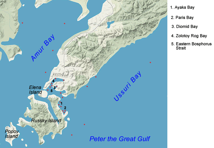 The location of marine environment pollution monitoring stations in Peter the Great Gulf